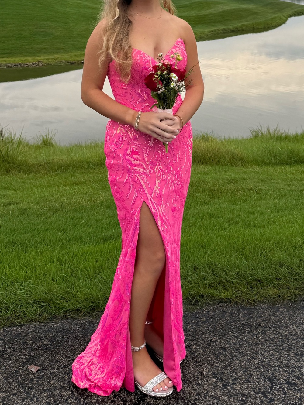 Primavera Couture Hot Pink Sequin Maxi Skirt with High Slit
